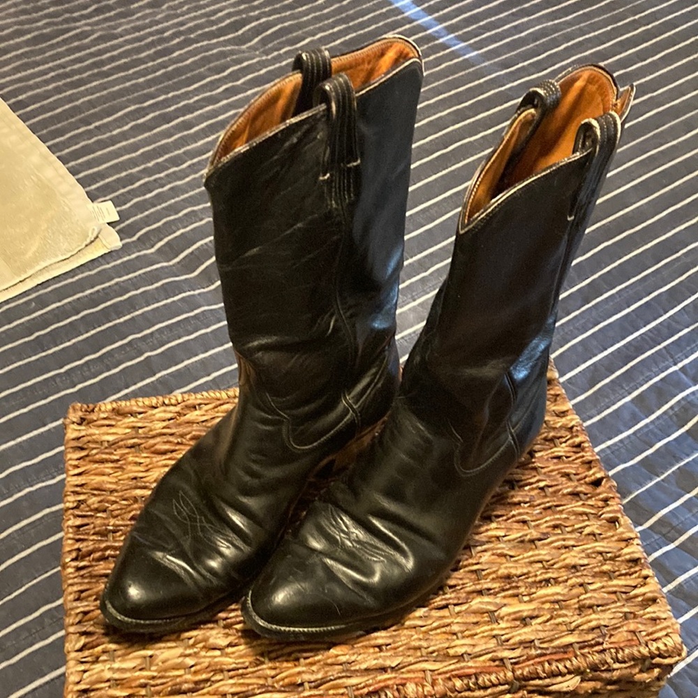 Classic Black Western Cowboy Boots Leather Mid-Calf